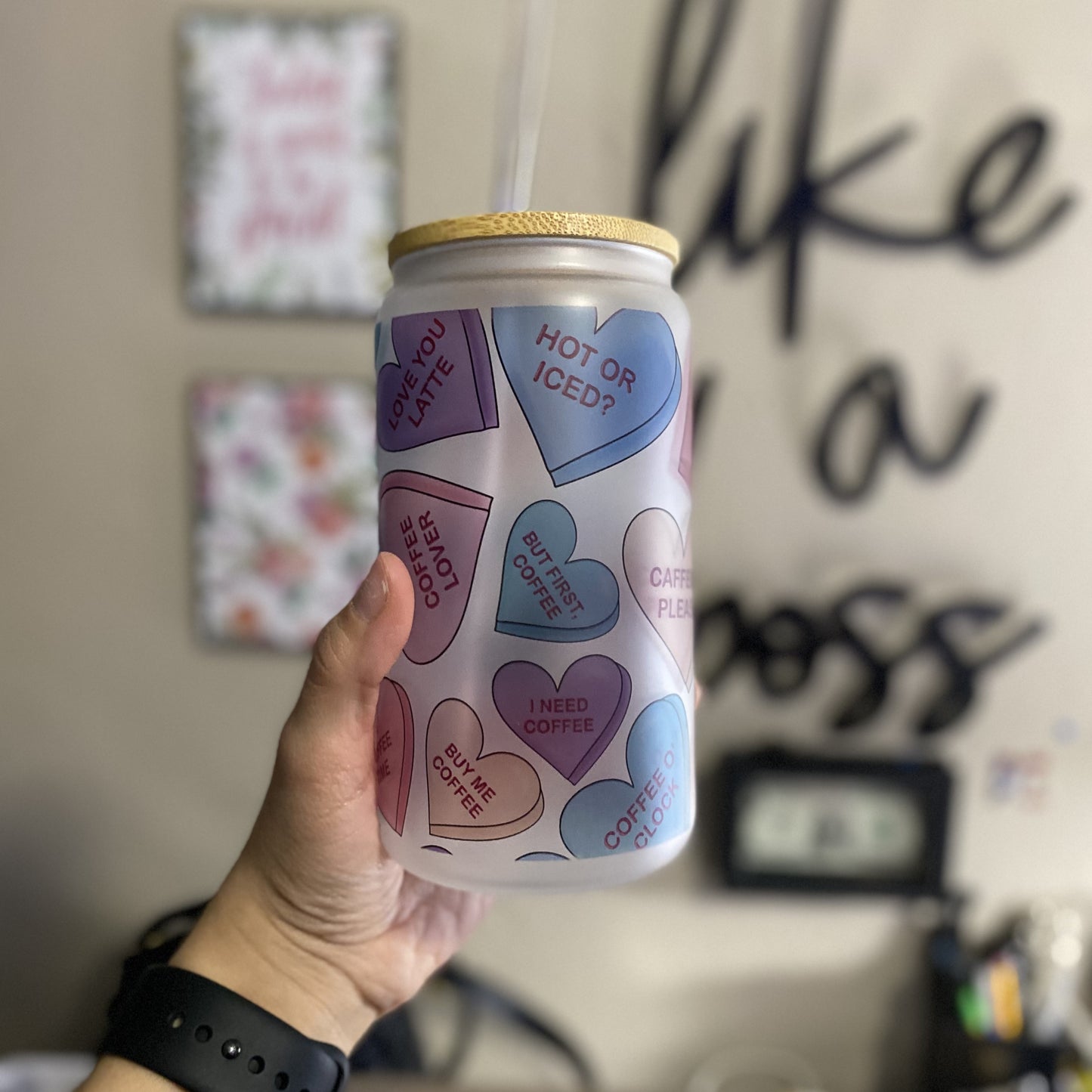 Coffee Candy Hearts Glass Can